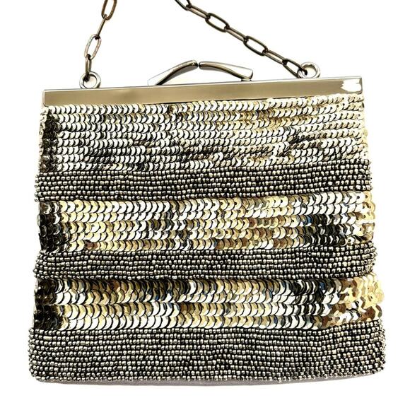 Gold Sequin Evening Bag, Beaded Clutch, Taupe Fabric, Chain Strap, 5 x 6 - Picture 1 of 9